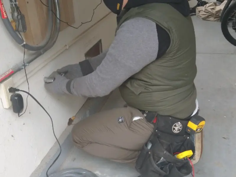 Electrician performing outlet wiring in a Bowne garage